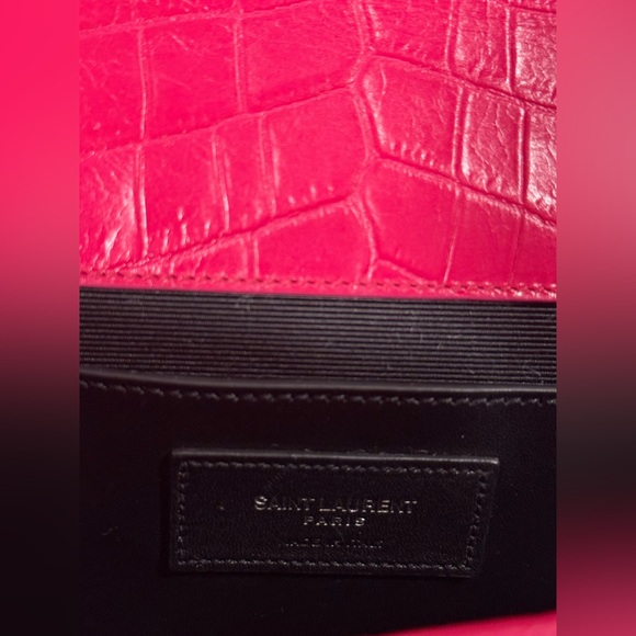 YSL Calfskin Croc Embossed Medium Classic Monogram Kate Tassel Fuchsia - Picture 11 of 13